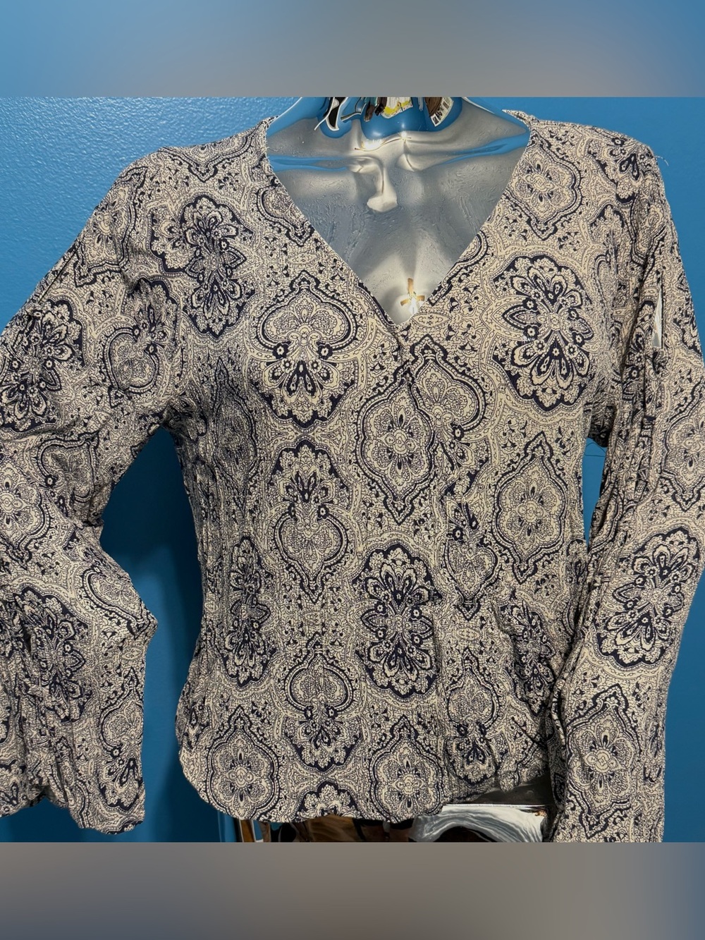 Altar'd State Navy and Cream Paisley V-Neck Long Sleeve Dress